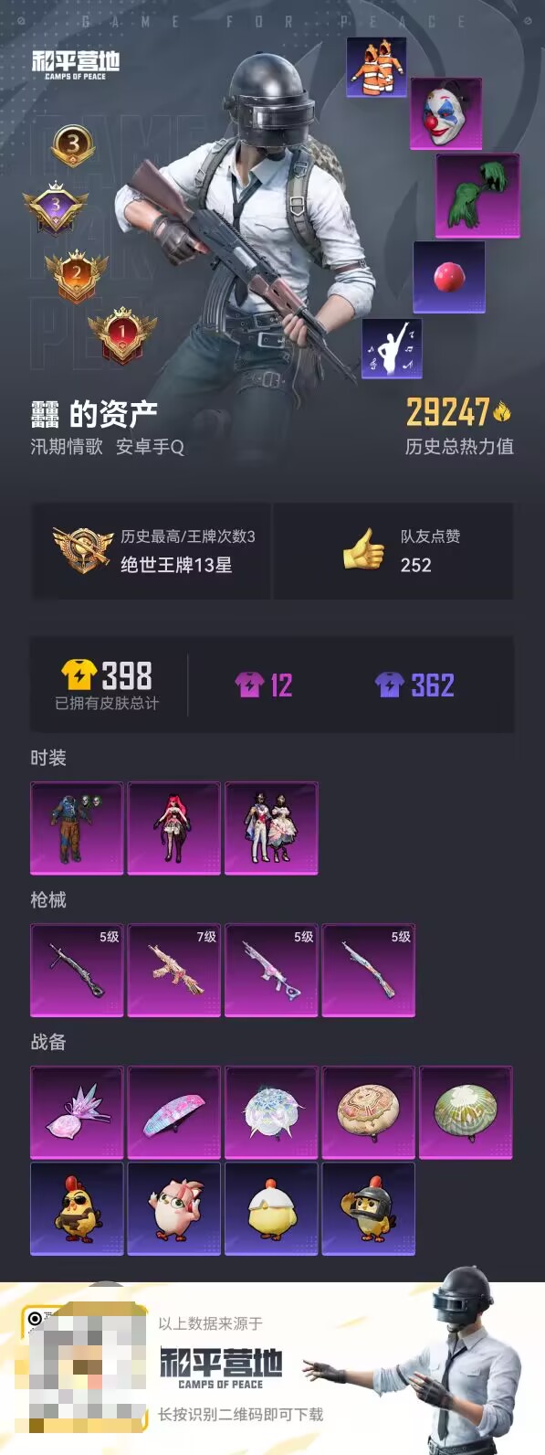 和平精英账号安卓QQ0载具-72套装-106枪皮-【】【商品标题】：安卓 手Q-3粉装-4特效枪-0载具-29247热力