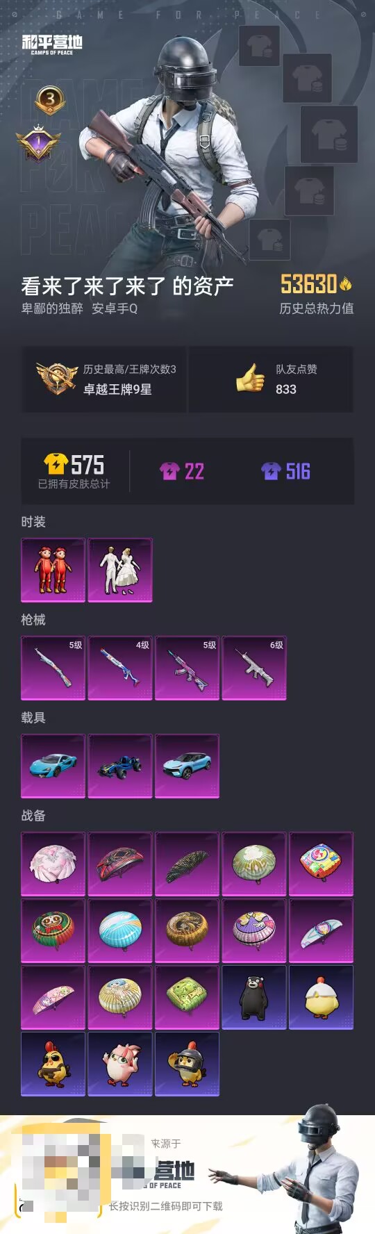 和平精英账号安卓QQ3载具-97套装-162枪皮-【】【商品标题】：安卓 手Q-2粉装-4特效枪-3载具-53630热力