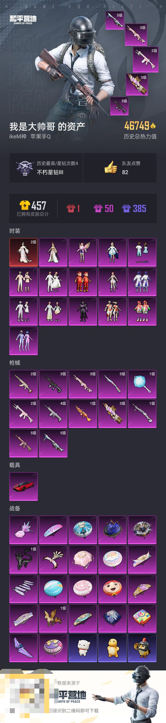 和平精英账号苹果QQ1载具-83套装-122枪皮-【】【商品标题】：苹果 手Q-15粉装-12特效枪-1载具-46749