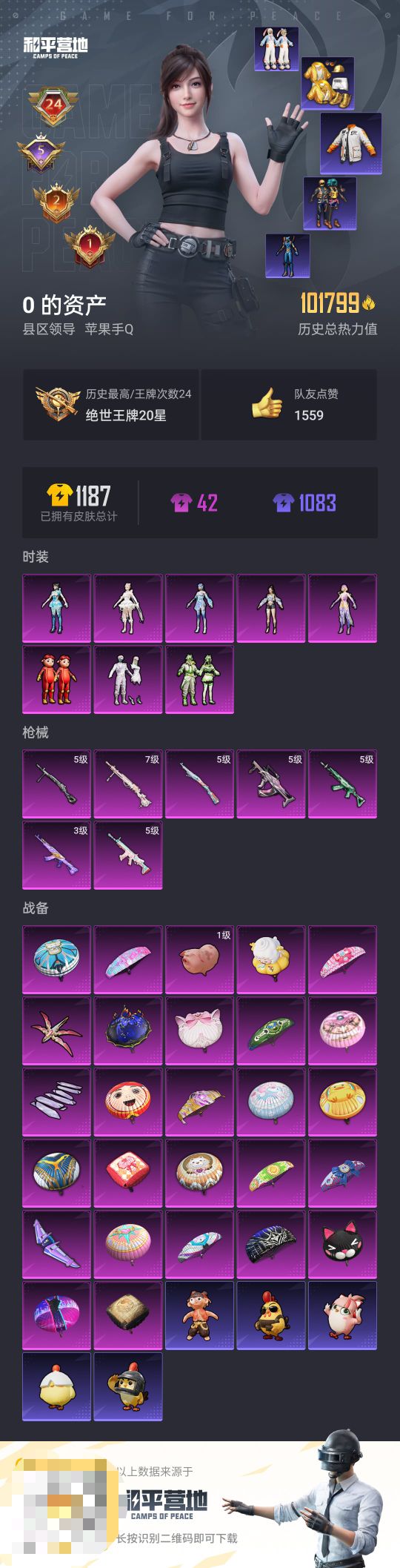 和平精英账号苹果QQ0载具-244套装-284枪皮-【】【商品标题】：苹果 手Q-8粉装-7特效枪-0载具-热力值-24