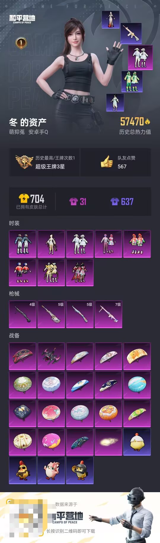 和平精英账号安卓QQ0载具-145套装-183枪皮-【】【商品标题】：安卓 手Q-8粉装-4特效枪-0载具-57470热