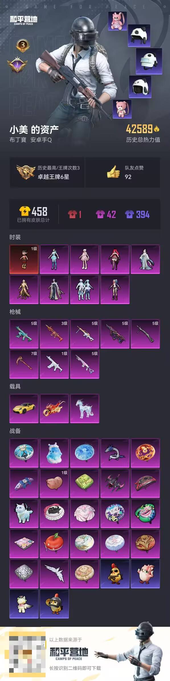 和平精英账号安卓QQ4载具-59套装-127枪皮-【】【商品标题】：安卓 手Q-8粉装-8特效枪-4载具-42687热力