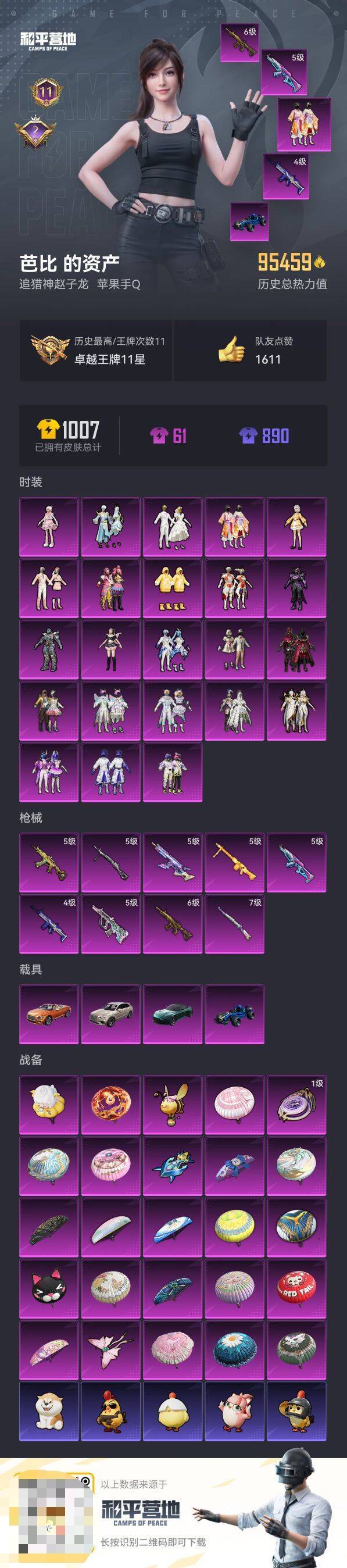 和平精英账号苹果QQ4载具-235套装-245枪皮-【】【商品标题】：苹果 手Q-23粉装-9特效枪-4载具-95459