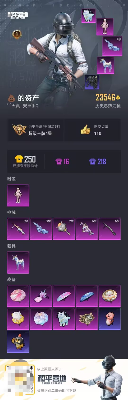 和平精英账号安卓QQ1载具-37套装-71枪皮-【】【商品标题】：安卓 手Q-1粉装-5特效枪-1载具-23546热力值