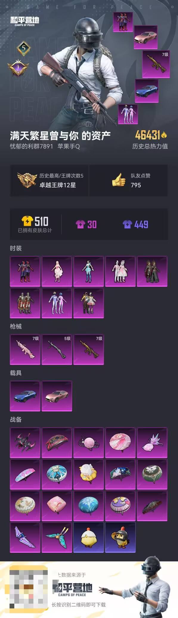 和平精英账号苹果QQ0载具-0套装-0枪皮-【】8粉3枪2车