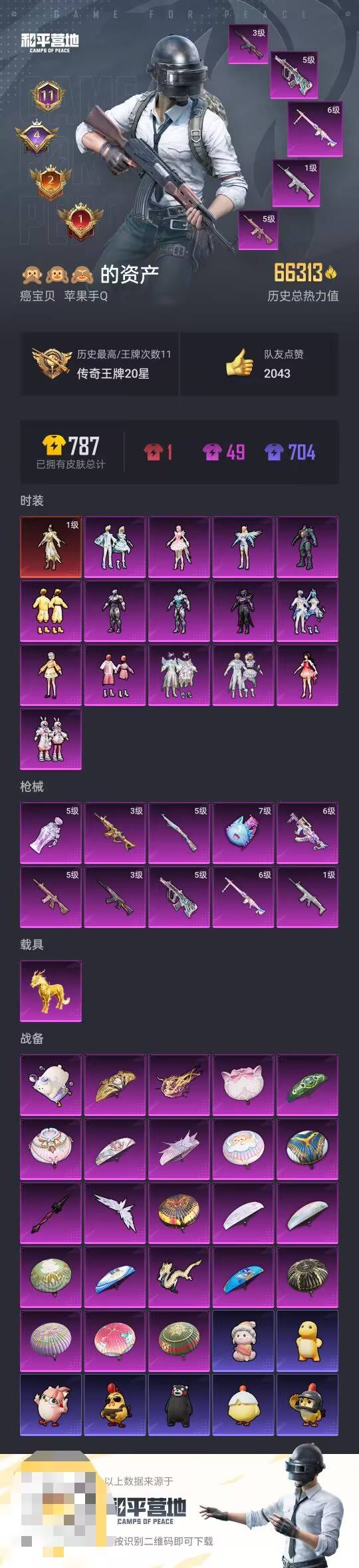 和平精英账号苹果QQ1载具-131套装-184枪皮-【】【商品标题】：苹果 手Q-15粉装-10特效枪-1载具-6631